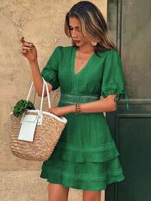 Clasi Vestido mini de manga abullonada con ribete de encaje de unicolor para mujer, para verano - Verde - Ver 1