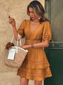 Clasi Vestido mini de manga abullonada con ribete de encaje de unicolor para mujer, para verano - Amarillo - Ver 1