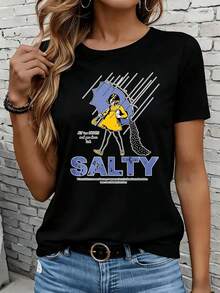 Women's Short-Sleeved T-Shirts In Black And White Are Suitable For Everyday Wear, Lounging At Home, And Outdoor Activities. This  Women's Casual Graphic Print T-Shirt Features A "Salty Girl With Umbrella And Rain" Design, Making It A Perfect Summer Top With A Streetwear Style-Ideal For Parties Or Vacations. - 黑色 - 查看 1