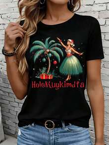 Las camisetas de manga corta para mujer en blanco y negro son adecuadas para el ocio diario, el hogar y los viajes al aire libre. Camiseta de Navidad Hawaiana para Mujer, Disfraz de Fiesta Luau con Diseño de Palmera y Bailarina Hula, Estampado Holekuykimdfa, Temática de Vacaciones de Verano, Regalo para Fiesta de Fin de Año - Negro - Ver 7