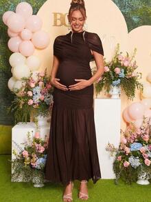 Loomaby Elegante vestido de fiesta de maternidad, vestido ajustado de unicolor con parches, tul transparente y volantes - Cafetería - Ver 5