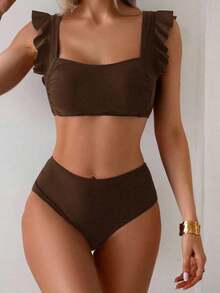 Conjunto de traje de baño para mujer, conjunto de unicolor con escote cuadrado tipo bandeau, tirantes con volantes - Café integral - Ver 3