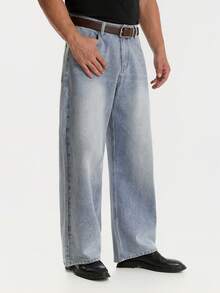 Jeans à jambes larges polyvalents pour hommes, pantalon décontracté pour le travail, style minimaliste pour toutes les saisons - Bleu azur - Voir 4