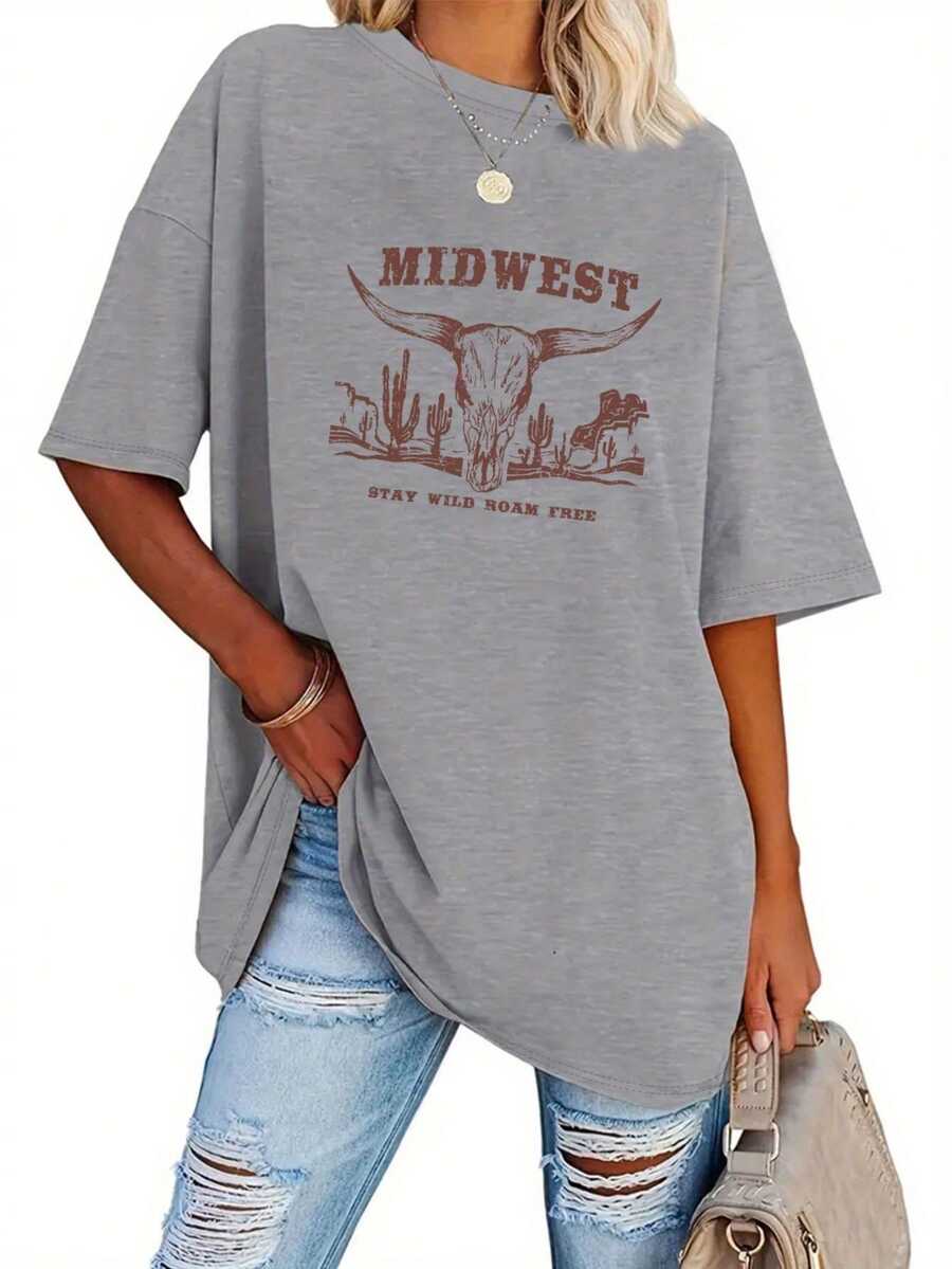 Talla Grande - Talla Grande - Camiseta Casual de Talla Grande con Mangas Cortas y Estampado de Letras, Adecuada para Verano y Primavera, Ropa de Talla Grande para Mujer - Gris Claro - Ver 1