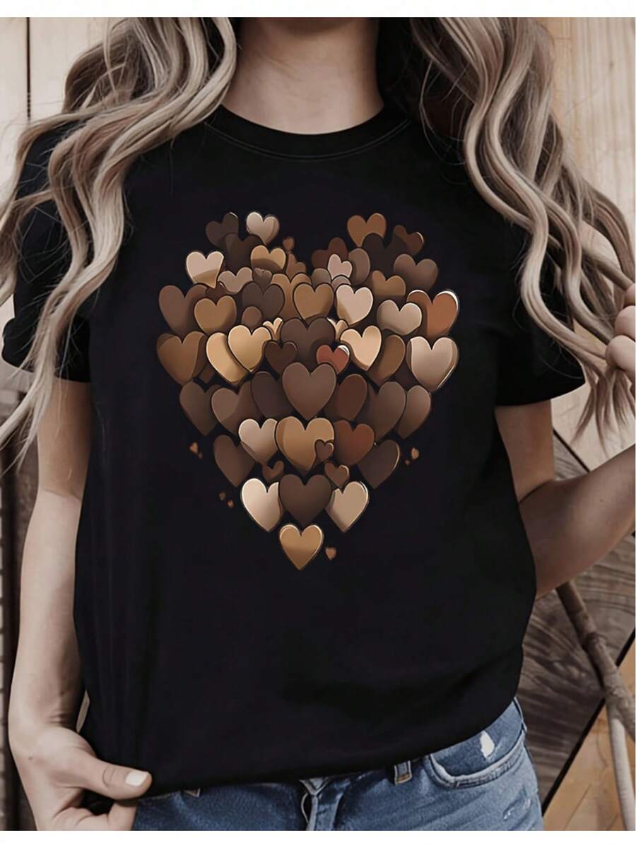 Gran oferta: Camiseta de talla grande para mujer con gráfico en forma de corazón y diseño único, perfecta para uso casual y estilo cotidiano - Negro - Ver 1