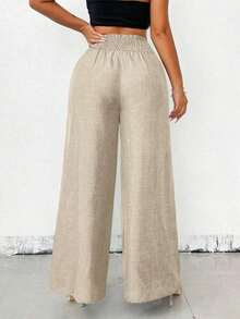 Pantalones de pierna ancha con estampado geométrico y hebilla metálica de cintura alta para mujer - Albaricoque - Ver 2