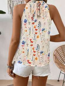 Women's Floral Print Halter Neck Blouse, Vacation Style - Multicolor - View 2