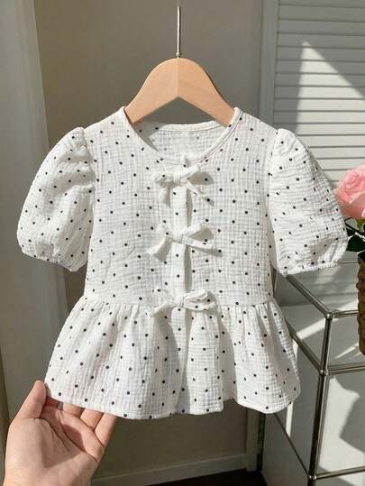 Girls' Casual Short Sleeve Shirt, Pure Cotton Crinkle Fabric Water Print Polka Dot Pattern With Bow Design, Suitable For Summer Casual Wear, Machine Washable