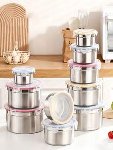 1/3pcs 304 Thick Stainless Steel Storage Container With Lid, Airtight Refrigerator Storage Box, Round Lunch Box - Multicolor - View 6