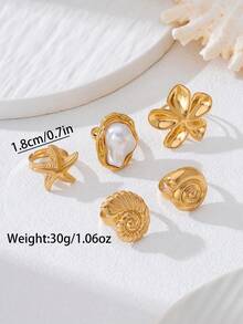 5pcs/Set Starfish, Shell, Conch, Flower & Pearl Shaped Bohemian Asymmetrical Geometric Exaggerated Metal Rings, Suitable For Daily Wear, Party, Music Festival, Beach, Bikini, Elegant & Refined For Women - Starfish, Seashell, Flower - View 3