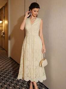Vestido minimalista y estilizador con diseño de encaje y parches para mujer - Amarillo claro - Ver 5