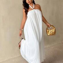 New Summer White Halter Loose A-Line Dress, Suitable For Beach, Party, Wedding, Valentine's Day, Cocktail, Sexy, Commute, Elegant Romantic, Birthday Party, Music Festival, White Dress With Metal Buckle/White Dress For Prom/Wedding Season/Valentine's Day/Party/Sexy/Commuting/Elegant And Romantic/Birthday Party/Music Festival/ - Blanco - Ver 2