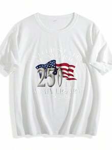 1 pieza de camiseta de mujer para el 250º aniversario de los Estados Unidos de América, camiseta estampada de mezcla de materiales, de manga corta y cuello redondo, estilo casual, elegante para vacaciones y desplazamientos, suave y cómoda, adecuada para el Día de San Valentín y el Año Nuevo, 180g 100% algodón. - Blanco - Ver 3