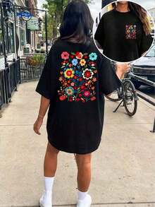 Camiseta de talla grande con estampado floral de verano - Negro - Ver 5