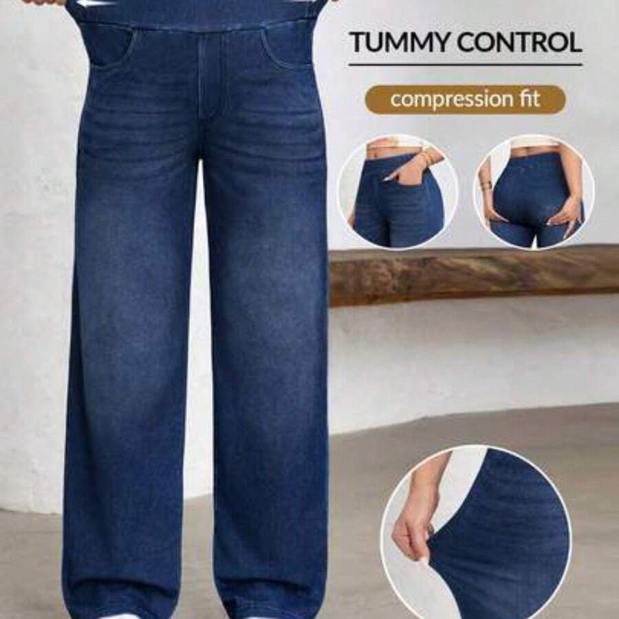 FlexDen Pantalones vaqueros de pierna ancha, estilo casual deportivo, con elástico para mujer - Niebla azul - View 1