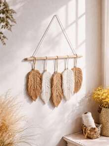1 pieza Colgante de pared con hojas estilo bohemio, diseño de plumas de colores neutros, arte de pared de macramé, decoración del hogar de estilo bohemio moderno, 5 hojas en una vara de madera, estética vintage y natural, perfecto para la sala de estar, dormitorio, oficina, entrada, agrega un ambiente acogedor a interiores bohemios y minimalistas. - A - Ver 9