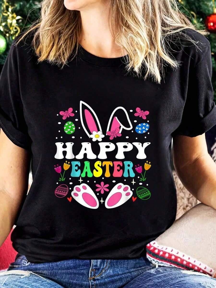 1 Piece, 100% Cotton, Happy Easter, Cute Women Searching For Colorful Eggs, Women's Clothing, 210g, 100% Cotton, Patterns Are All Printed. Unisex. - 黑色 - 查看 1