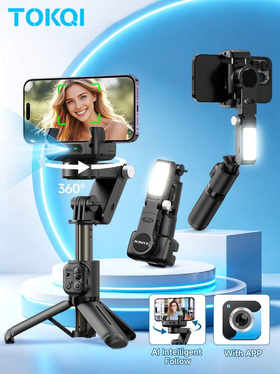 TOKQI Estabilizador con anti-vibración, seguimiento facial automático, trípode, palo de selfie Bluetooth extensible, soporte de teléfono giratorio 360° con micrófono, compatible con smartphones Android e iOS para video móvil, vlogs de viaje, reuniones familiares, grabación de fiestas