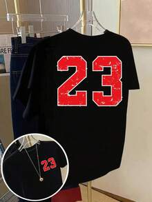 Number 23, Number Print T-Shirt S, Short Sleeve, Round Neck, Casual Spring/Summer Top, Women's Clothing, Y2k T-Shirt - 黑色 - 查看 10