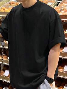 Camiseta de algodón para hombre con hombro caído sólido y sin diseño - Blanco - Ver 6
