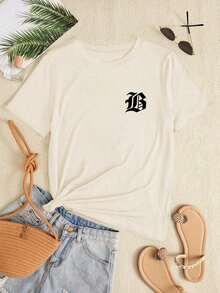 Playera de Mujer de Algodón Camiseta casual de manga corta de ajuste ceñido para mujer con número impreso para ropa de Año Nuevo, blusas con gráficos para mujeres Cuello Redondo Algodón 100% Tejido Suave Manga Corta - Albaricoque - Ver 4