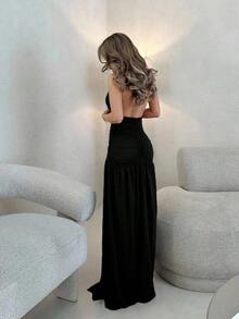 Elegante vestido largo y sexy con escote en V profundo, cuello halter, abertura alta y corte evasé, vestido largo y sexy color negro - Negro - Ver 2