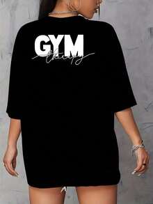 Camiseta Gráfica de Gimnasio para Mujer - Ajuste Cómodo, Diseño Clásico con Estampado "GYM", Manga Corta, Cuello Redondo, Top Casual para Primavera/Verano/Otoño, Camiseta de Gimnasio Y2k - Negro - Ver 10