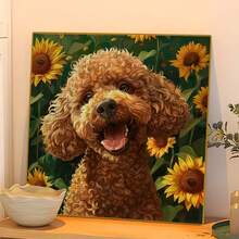 1幅全新5D圆形亚克力钻石画，图案为可爱的贵宾犬和向日葵，手工马赛克艺术品，适合家居墙面装饰，增添艺术氛围，也是送给女友、父母、朋友表达温暖的贴心礼物，不含画框 - 圓鑽 - 查看 2