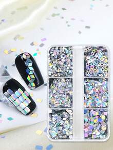 6 Compartments Holographic Silver Nail Sequins Set, Geometric Patterns Iridescent Glitters, Chic Nail Art DIY Decorations - Silver - View 2