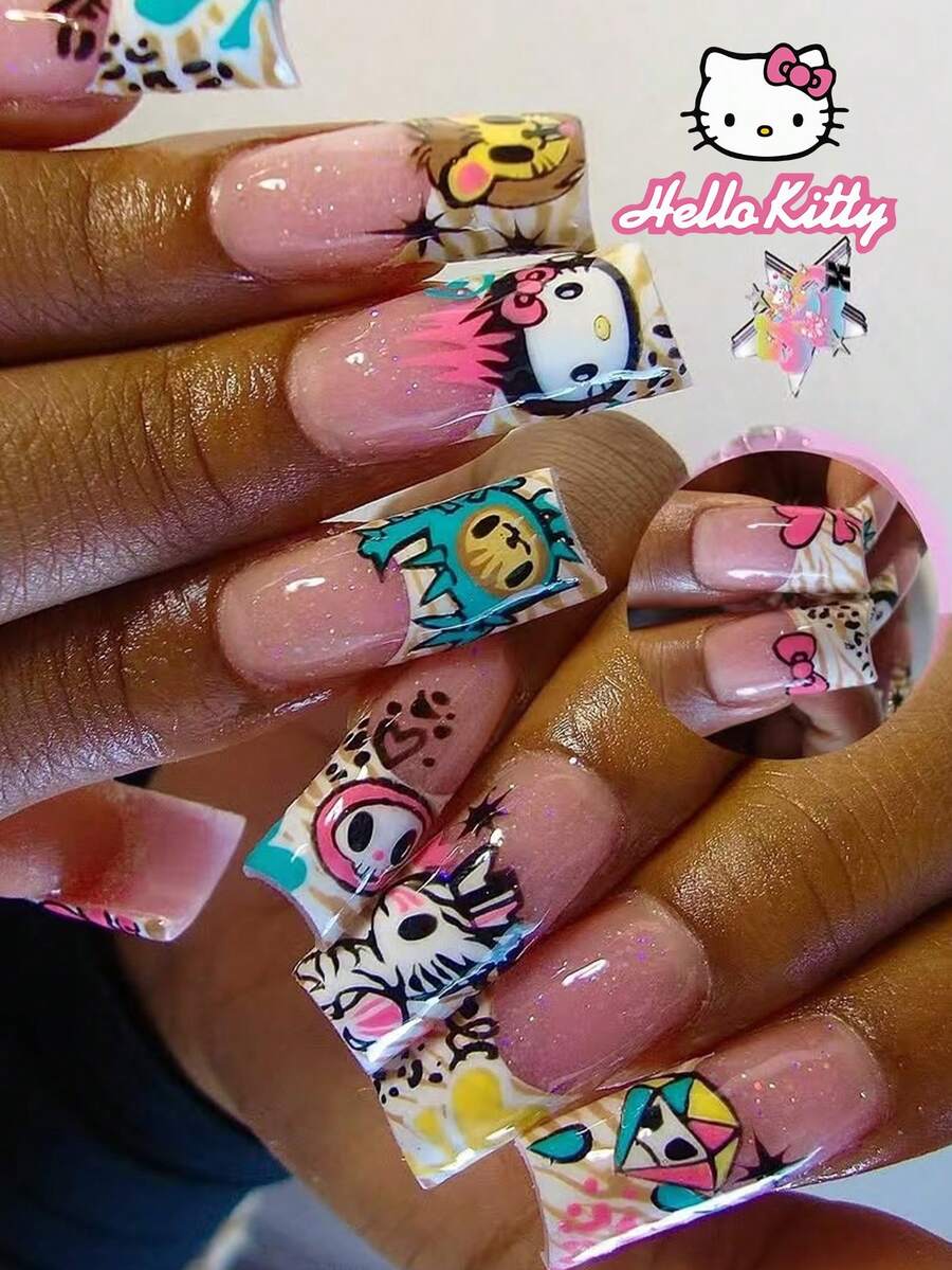 SANRIO Bộ 24 miếng dán móng tay gel 3D hình vuông cỡ trung bình, họa tiết Hello Kitty, sư tử, da báo, sao, nơ, trái tim, quái vật và kim cương theo phong cách Cyberpunk, vừa vặn hoàn hảo với móng tay acrylic, bao gồm 1 lọ keo và 1 dũa móng, phù hợp cho phụ nữ và các cô gái sử dụng hàng ngày và trong các bữa tiệc. - Nhiều màu - Xem 1