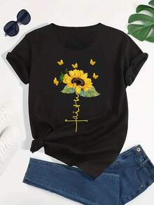 Women's Short-Sleeved Cotton T-Shirt With Sunflower Print, Casual Sporty Style, Loose Fit, Round Neck, Letter Print, Summer Sports Top, Women's T-Shirts. - 黑色 - 查看 7