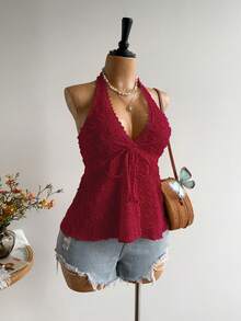 Rusttydustty Plus Size Women Textured Front Tie Halter Neck Top Summer - Red - View 2
