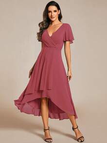 EVERPRETTY Đầm phù dâu màu trơn thanh lịch, đầm dạ hội trang trọng dành cho khách dự đám cưới. - Màu Hồng  Dưa hấu - Xem 4