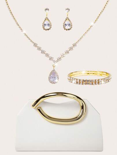 4pcs Jewelry Set, Shiny Necklace, Earrings & Bracelet Combo, Women's Evening Clutch Bag, Flap Elegant Handbag, Romantic Wedding Style Bridal Bag, Formal Dance Party Clutch, Elegant Evening Gown Bag, Perfect For Party, Wedding, Prom, Banquet Occasions, Can Be Matched With Holiday Party Outfits