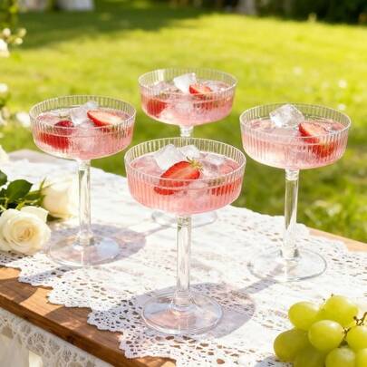16/12/6 Peças Elegantes Copos de Coquetel Listrados, Taças Vintage Redondas de Champanhe Listradas Verticalmente, Suco, Sorvete, Milkshake, Taças de Sobremesa, Adequado para Casamento, Aniversário, Dia dos Namorados, Aniversário, Festa, Natal, Bar, Reunião, Copos de Plástico