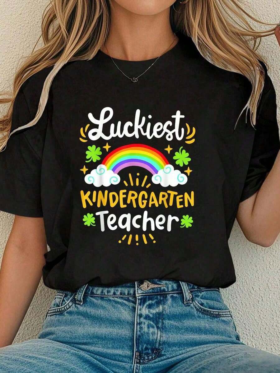 Ropa de Mujer, Camiseta Escolar del Día de San Patricio para la Maestra de Jardín de Infancia Más Afortunada, para Hombres y Mujeres, Estilo Vintage Urbano, Unisex, de Algodón, Manga Corta, Cuello Redondo, Corte Holgadoblusas para mujer>ropablusas para mujer>ropa - Negro - Ver 1