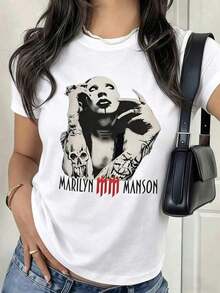 Gothic Grunge T-Shirt With Marilyn Manson Merchandise, Black Short Sleeve T-Shirt With Vintage Rock Aesthetic And E-Girl T-Shirt - 白色 - 查看 5