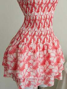 Vestido azul marino con cintura ceñida, plisado, sin tirantes, sexy, calado, con bordado y dobladillo fruncido, estilo vacaciones - Rosa - Ver 7