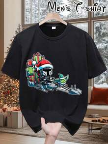 [ Christmas T-Shirt]   & Grogu Christmas T-Shirt For Men |     Mandalorian Armor & Grogu Graphic With Logo, Breathable Round Neck Short Sleeve, Casual & Party Outfit, Birthday/Christmas Gift For Fans, Themed Events & Casual Attire - màu đen - Xem 9
