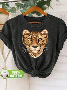 Plus Size Women's T-Shirt With Vintage Cartoon Style Cheetah Head Portrait And Gold Frame Glasses Pattern, 100% Pure Washed And Distressed Short Sleeve T-Shirt, Durable And Machine Washable, Suitable For Casual Daily Wear, Streetwear And Gatherings Of Friends - 黑色 - 查看 1
