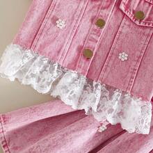 Girls' Pink Denim Lace Trim Short Sleeve Top + Pleated Skirt 2 Pieces Set, Spring/Summer Casual, School, Photo Shoot - Pink - View 5