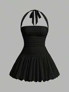 Vestido informal corto de unicolor con cuello de lazo y espalda descubierta para mujer - Negro - Ver 7