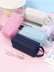 Set 4 Buah Tempat Pensil Warna Polos, Kantong Resleting dengan Pegangan, Tas Pensil Kapasitas Besar Cocok untuk Pelajar, Sekolah, Kantor, Perjalanan, dan Penggunaan Sehari-hari - W - View 2
