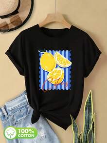 Short-Sleeved T-Shirt With Lemon And Citrus Prints, A Stylish And Casual Top For Women In Spring And Summer. - Black - View 6