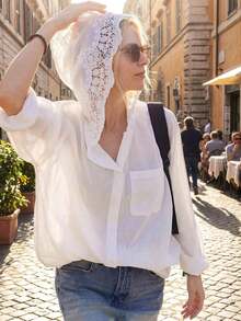 Blusa de manga larga con capucha de ganchillo hueco francés, estilo callejero suelto, elegante y delgada para mujer, blanca para otoño/invierno y primavera - Blanco - Ver 12