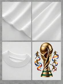 El estampado muestra una copa dorada que simboliza la pasión y la gloria del fútbol rodeada de figuras de jugadores en movimiento con cintas de colores que transmiten energía y unidad camiseta de mujer 100% algodón cómoda moderna y perfecta para fans del deporte - Blanco - Ver 4