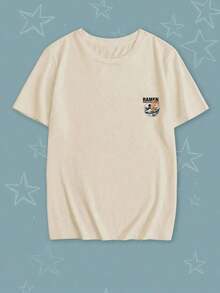 Camiseta de manga corta de cuello redondo con estampado de ramen, de moda minimalista y versátil, adecuada para mujer, color blanco - Albaricoque - Ver 4