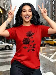 Elegant Ladies' T-Shirt | Unique Rose Pattern - Casual Crew Neck Top | Breathable And Lightweight, Perfect For Spring And Summer Wardrobes - Unisex Loose Cotton Short Sleeve Crew Neck T-Shirt In Urban Vintage Style. - 紅色 - 查看 1