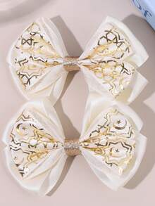 2pcs White & Gold Moon Star Print Bow Hair Clips For Girls, Cute Fashion Barrettes, Alligator Clips & Hair Clips, Casual, Party & Daily Wear Hair Accessories - Multicolor - View 1