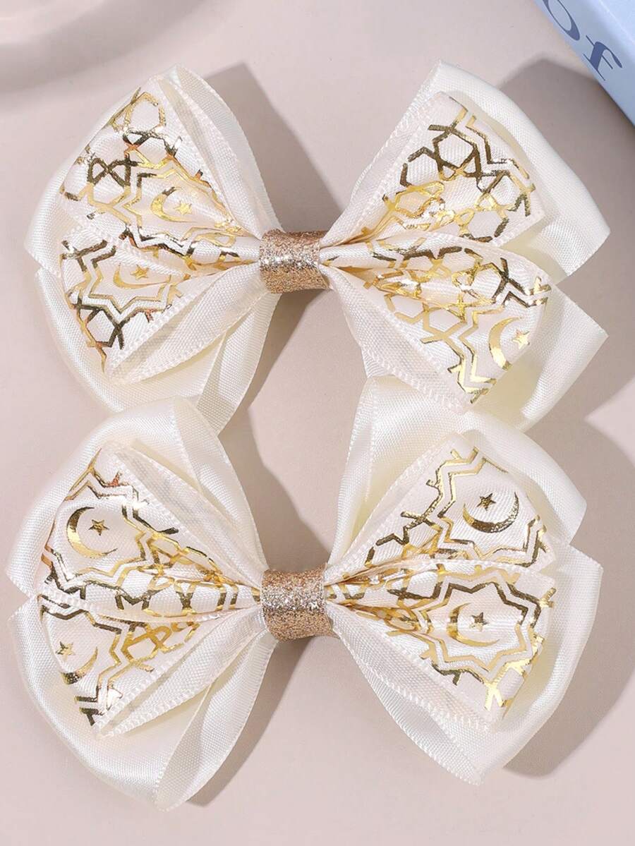 2pcs White & Gold Moon Star Print Bow Hair Clips For Girls, Cute Fashion Barrettes, Alligator Clips & Hair Clips, Casual, Party & Daily Wear Hair Accessories - Multicolor - View 1